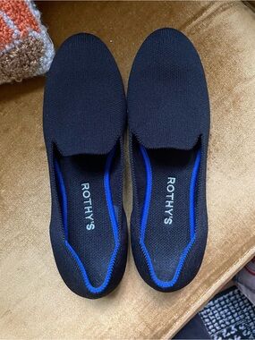 Rothy's Black Knit Loafer Flats with Signature Blue Interior Trim